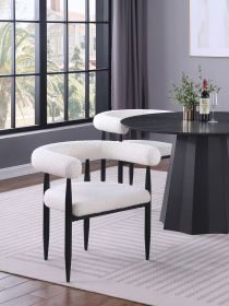 2pc Set Modern U-shaped Backrest Arms Dining Armchairs Black Textured Boucle Upholstered Back Dining Room Kitchen Furniture White Black
