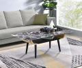 Landon 47" Coffee Table with Glass Black Marble Texture Top and Bent Wood Design