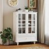 Minimalist White Buffet Cabinet with Double Glass Doors and Drawer, Modern Wooden Storage Sideboard Cupboard for Living room