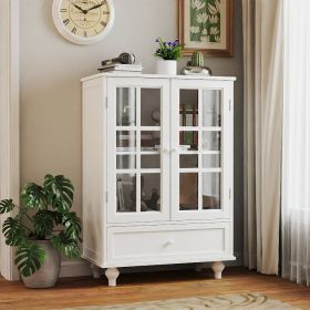 Minimalist White Buffet Cabinet with Double Glass Doors and Drawer, Modern Wooden Storage Sideboard Cupboard for Living room
