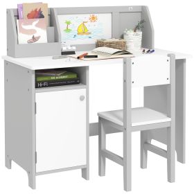 Qaba Toddler Desk and Chair Set, Kids Writing Desk Study Table for Children with Whiteboard, Storage Cabinet, Child Furniture, Art Gifts for Kids, Gra