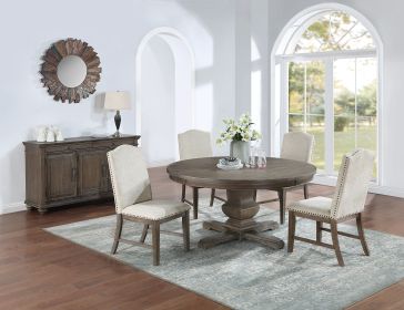 Traditional Formal 5pc Dining Set Round Table 4x Side Chairs Pedestal Base Oak Finish Table nailhead Trim Upholstered Cushion Dining Room Furniture