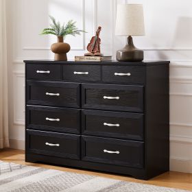 Bedroom dresser, 9 drawer long dresser with antique handles, wood chest of drawers for kids room, living room, entry and hallway, Black