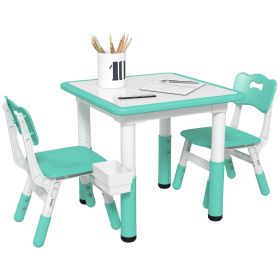 Qaba 3 Pieces Kids Table and Chairs, Height Adjustable Toddler Table and Chair Set with Storage, Easy to Wipe, Activity Table 2 Chairs for Classroom,