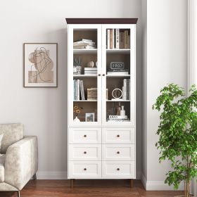 White MDF Display Storage Cabinet,Tall Kitchen Pantry Cabinets with Glass Doors and Adjustable Shelves,Freestanding Storage Cupboard for Kitchen