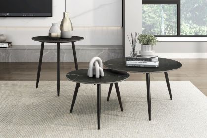 Modern Style Nesting Cocktail Tables and Side Table 3-Piece Occasional Table Set Black Metal Legs Sintered Stone Top