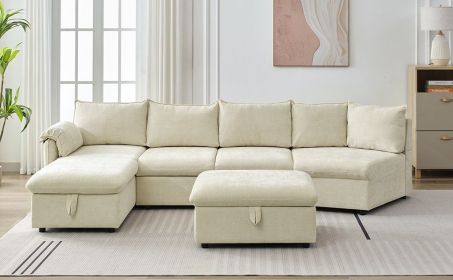146.9" L-shaped Sofa Sectional Sofa Couch Pull-out Sofa Bed with a Movable Storage Ottoman, a Storage Chaise Lounge and Two USB Ports for Living Room