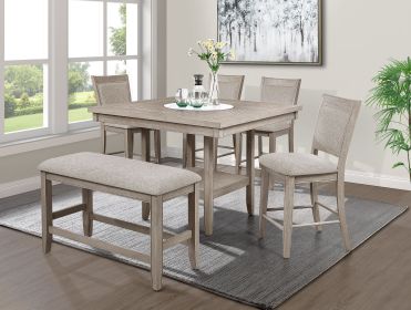 6pc Dining Set Contemporary Farmhouse Style Counter Height w 20-Inch White Faux Marble Lazy Susan All Tan / Beige Gray Finish Upholstered Chairs Bench