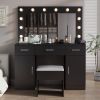 Vanity Desk Set with Large Lighted Mirror and Powre Outlet, Glass Top Makeup Vanity with 3 Drawers and 2 Cabinets, Vanity Table with 12 LED Lights, 3
