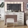 Vanity Desk Set with Large Lighted Mirror and Powre Outlet, Glass Top Makeup Vanity with 7 Drawers, Vanity Table with 12 LED Lights, 3 Lighting Color