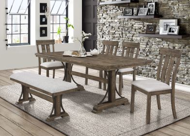 6pc Dining Set Rustic Light Brown Finish Trestle Base Curved Metal Accents Upholstered Seats Chair Bench Wooden Dining Room Furniture