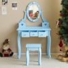 FCH Kids Vanity Set with Mirror and Lights and Stool, 5 Storage Drawers, Pretend Play Princess Makeup Desk Dressing Table and Stool Set for Little Gir