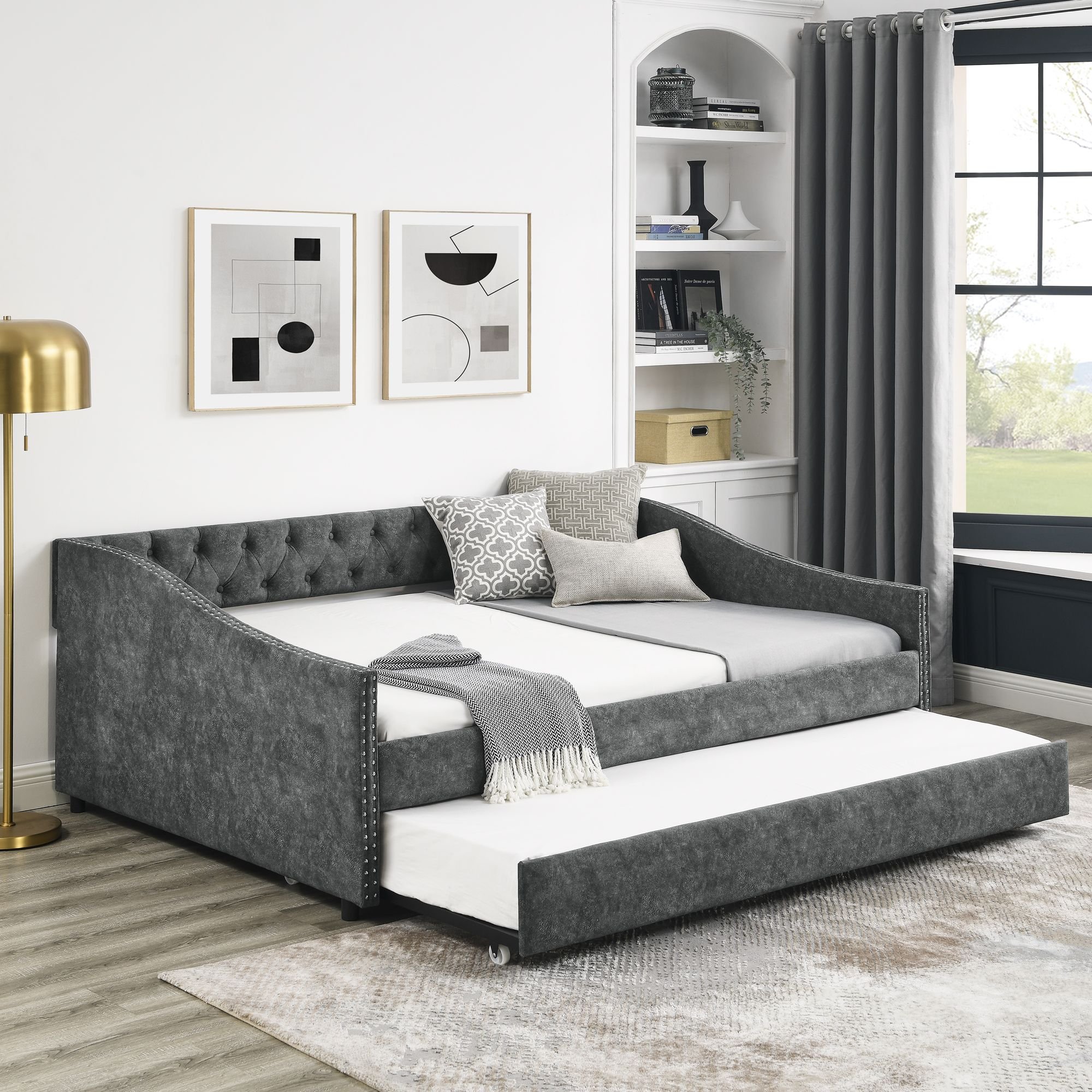 Full Size Daybed with Twin Size Trundle Upholstered Tufted Sofa Bed, with Button on Back and Copper Nail on Waved Shape Arms,Grey (80.5"x55.5"x27.5") Full Size Daybed with Twin Size Trundle Upholstered Tufted Sofa Bed, with Button on Back and Copper Nail on Waved Shape Arms,Grey (80.5"x55.5"x27.5")