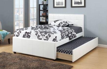 Full Size Bed w/ Trundle Slats White Faux Leather Upholstered Plywood Kids Youth Bedroom Furniture wooden Slats