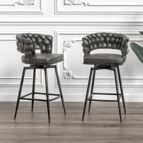 Technical Leather Woven Bar Stool Set of 2,Black legs Barstools No Adjustable Kitchen Island Chairs