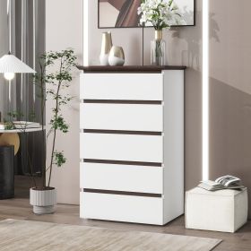 Tall White Dresser for Bedroom, Mid Century Modern Dresser with Drawers, 5 Drawer Dresser with Wood Color Top, Small Dresser for Kids Bedroom