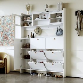 [VIDEO provided] ON-TREND Multifunctional Tipping Bucket Shoe Cabinet with Storage Shelf & 6 Flip Drawers, Large Hall Tree with Tempered Glass Doors