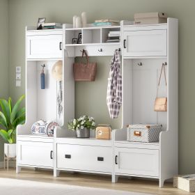 ON-TREND Modern Style 4-in-1 Multiple Functions Hallway Coat Rack with Seven Metal Black Hooks, Entryway Bench Hall Tree with Ample Storage Drawer