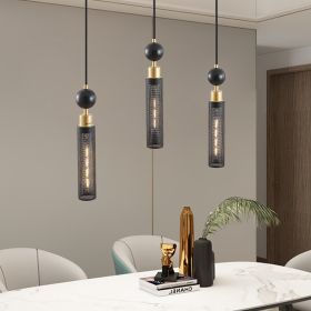 Modern Black and Gold 3-Light Pendant Chandelier, Adjustable Hanging Lights with Cylindrical Mesh Shades, E26 Base, Ideal for Dining Room, Kitchen Isl