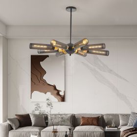 Modern Industrial Sputnik Chandelier, 8-Light Black and Gold Metal Pendant Light with Mesh Shades, E26 Base, Adjustable Height for Dining Room, Living