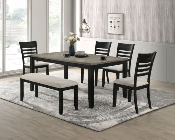 Contemporary 6pc Dining Set Rectangular Table Two- Tone Finish Wood Base Ladder Back Upholstery Chairs Bench Black Gray Finish Wooden Dining Room Furn