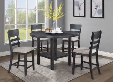 5-Piece Contemporary Dining Set Counter Height Round Table Charcoal Black Gray Finish Upholstered Chairs Wooden Solid Wood Dining Room Kitchen Furnitu