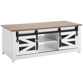 VEVOR 48" Farmhouse Coffee Table, Rectangle Coffee Table with 2 Sliding Barn Doors, 2 Tiers Wooden Rustic Table with Removable Shelves for Living Room