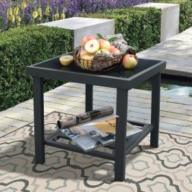Modern Square End Tables for Living Room; Rustic Aluminum Outdoor Side Table with Storage Space; Patio Tempered Glass Accent Table; 17.7'' x 17.7'' x