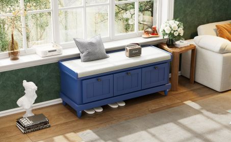 TREXM Classic Shoe Bench with Cushion and Three Drawers, Fluted Entryway Bench with Storage for Living Room, Entryway, and Hallways (Navy Blue)