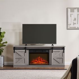 Fireplace TV Stand for Television up to 65 Inch with Storage and Farmhouse Sliding Barn Doors, Entertainment Center with Cabinet and Shelves,Grey