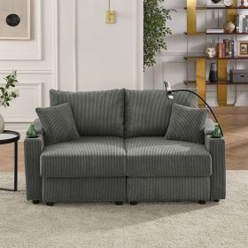 Modern Loveseat Sofa Chair with Storage, Deep Seat Sofa with Cup Holders & Phone Holder Charging Ports, Beige Corduroy Couch for Living Room,Grey