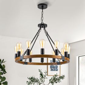 Wood Wagon Wheel Chandelier Farmhouse 12-Light 24'' Brown