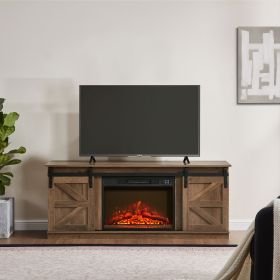 Fireplace TV Stand for Television up to 65 Inch with Storage and Farmhouse Sliding Barn Doors, Entertainment Center with Cabinet and Shelves