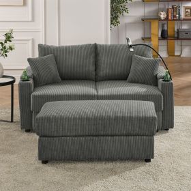 Modern Sofa Chair with Storage, with Ottoman, Deep Seat Sofa with Cup Holders & Phone Holder Charging Ports, Grey Corduroy Couch for Living Room