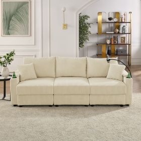 Modern 3 seat Sofa with Storage, Deep Seat Sofa with Cup Holders & Phone Holder Charging Ports, Beige Corduroy Couch for Living Room,Beige