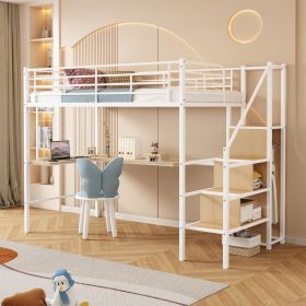 Twin Loft Bed with Desk and Storage Wardrobe, Heavy Duty Loft Bed with Stairs and Metal Grid, Twin Size Loft Bed, No Box Spring Needed