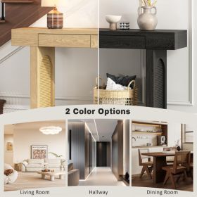 Narrow Console Table with Rattan Accent, Natural Wood Finish Entryway Table with Storage Drawers