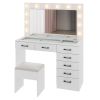 Vanity Desk Set with Large Lighted Mirror and Powre Outlet, Glass Top Makeup Vanity with 7 Drawers, Vanity Table with 12 LED Lights, 3 Lighting Color
