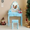 FCH Kids Vanity Set with Mirror and Lights and Stool, 5 Storage Drawers, Pretend Play Princess Makeup Desk Dressing Table and Stool Set for Little Gir