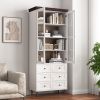 White MDF Display Storage Cabinet,Tall Kitchen Pantry Cabinets with Glass Doors and Adjustable Shelves,Freestanding Storage Cupboard for Kitchen