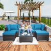7 Pieces Outdoor Patio Sectional Sofa Couch, Silver Gray PE Wicker Furniture Conversation Sets with Washable Cushions & Glass Coffee Table for Garden