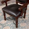 Majestic Traditional 2pcs Arm Chairs Brown Cherry Solid wood Faux Wood Carved Details Black Leatherette Seats Formal Dining Room Furniture