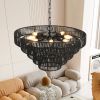 Rustic 5-Tier Black Hemp Rope Chandelier with 8 E12 Sockets, UL Listed Hardwired Pendant Light, Boho Farmhouse Ceiling Fixture for Dining Room, Kitche