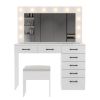 Vanity Desk Set with Large Lighted Mirror and Powre Outlet, Glass Top Makeup Vanity with 7 Drawers, Vanity Table with 12 LED Lights, 3 Lighting Color