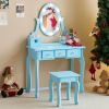 FCH Kids Vanity Set with Mirror and Lights and Stool, 5 Storage Drawers, Pretend Play Princess Makeup Desk Dressing Table and Stool Set for Little Gir