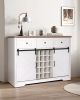 Farmhouse Wine Bar Cabinet w/Sliding Barn Door, 54" Kitchen Coffee Bar Cabinet w/Wine & Glass Rack, Storage Shelves, 3 Drawers