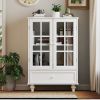 Minimalist White Buffet Cabinet with Double Glass Doors and Drawer, Modern Wooden Storage Sideboard Cupboard for Living room