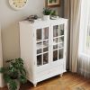 Minimalist White Buffet Cabinet with Double Glass Doors and Drawer, Modern Wooden Storage Sideboard Cupboard for Living room
