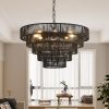 Rustic 5-Tier Black Hemp Rope Chandelier with 8 E12 Sockets, UL Listed Hardwired Pendant Light, Boho Farmhouse Ceiling Fixture for Dining Room, Kitche