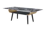 Landon 47" Coffee Table with Glass Black Marble Texture Top and Bent Wood Design